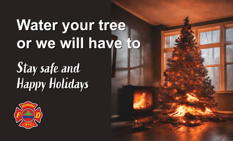 Christmas tree on fire and fireplace with the words Water your tree or we will have to. Stay safe and Happy Holidays