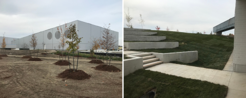 Left: Outside of building with freshly planted trees Right: concrete steps down a hill