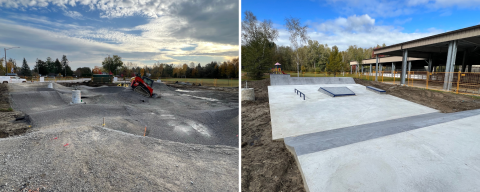 Left skatepark under construction with truck Right Concrete risers