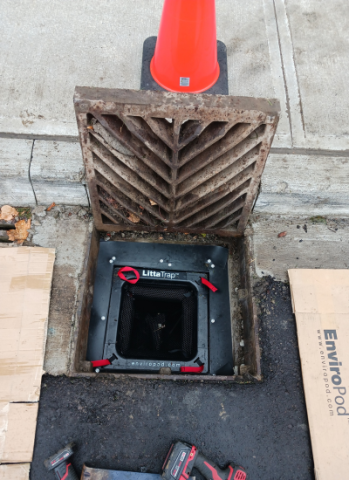 equipment installed in stormwater drain with mesh screening