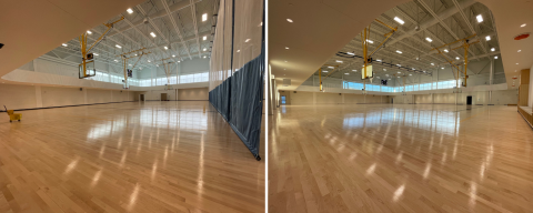 Side by side of the MURC Gym, wooden floors, windows on the opposite wall and basketball hoops