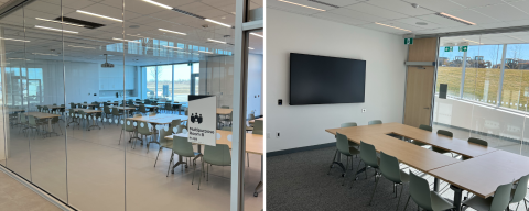 left - empty hall with tables and chairs through a window right- empty conference room with tables and chairs and a television on the wall