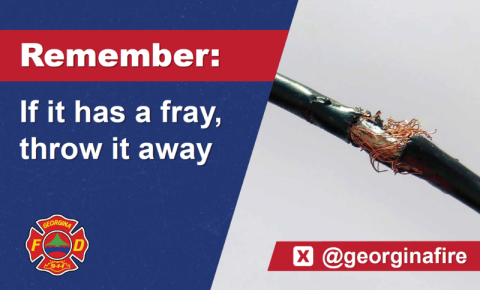 Frayed electrical cord with text Remember: If it has a fray, throw it away