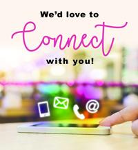 cell phone with social media logos and text stating We'd love to connect with you