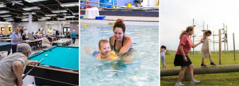 Recreation banner seniors playing pool, mother and child in pool, mother and child at park