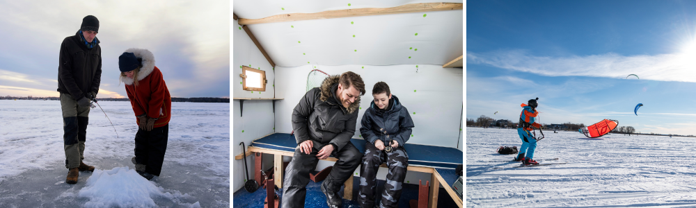 3 photos (L to R) two people at ice fishing hole, father and son in ice fishing hut, snowkiting