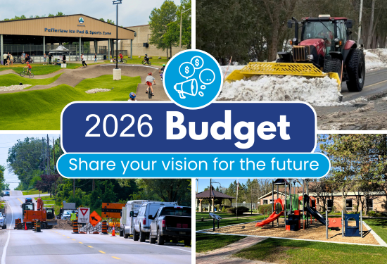four images in a collage, images are of Town services and facilities with the words 2026 Budget Survey Share your vision for the future in a blue box in the middle