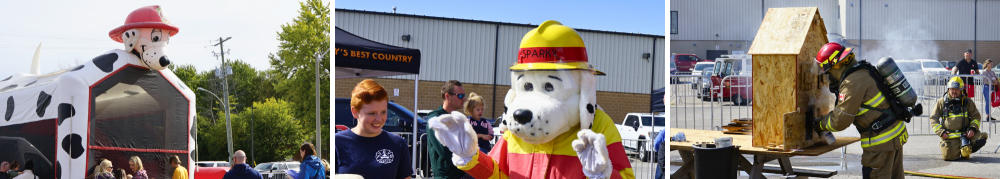 3 images, left - jumping castle in the shape of sparky the fire dog, middle - sparky mascot right- Firefighter in equipment in front of a wooden house on fire