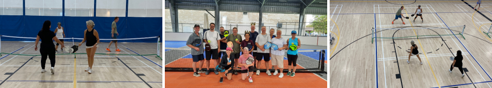 banner with three images of people playing pickleball