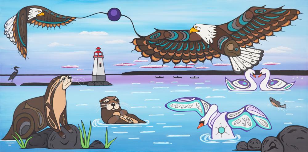 Illustration of birds and animals in a harbour with lighthouse