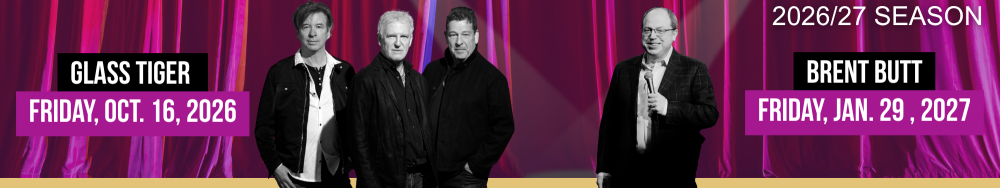 Figures standing in front of a purple curtain