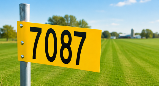 A rural farm with a small roadside stand displaying the number 7087.
