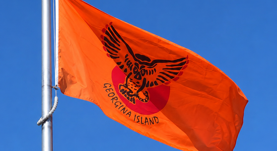 A vivid orange flag with Indigenous symbols fluttering in the wind against a blue sky.