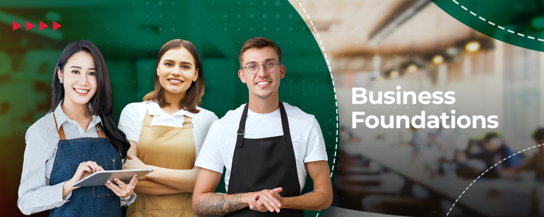 3 people in aprons with text Business Foundations