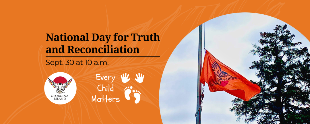 Flag flying with the words National Day for Truth and Reconciliation