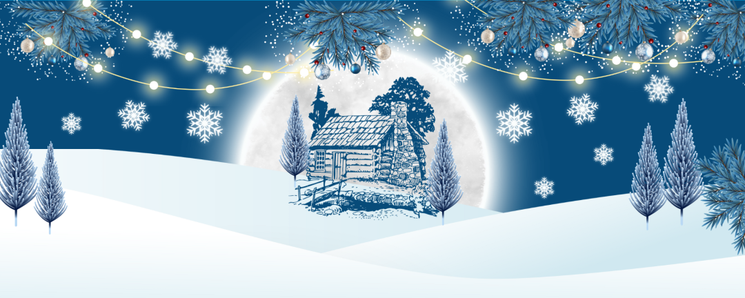 Illustrated cottage and trees winter scene