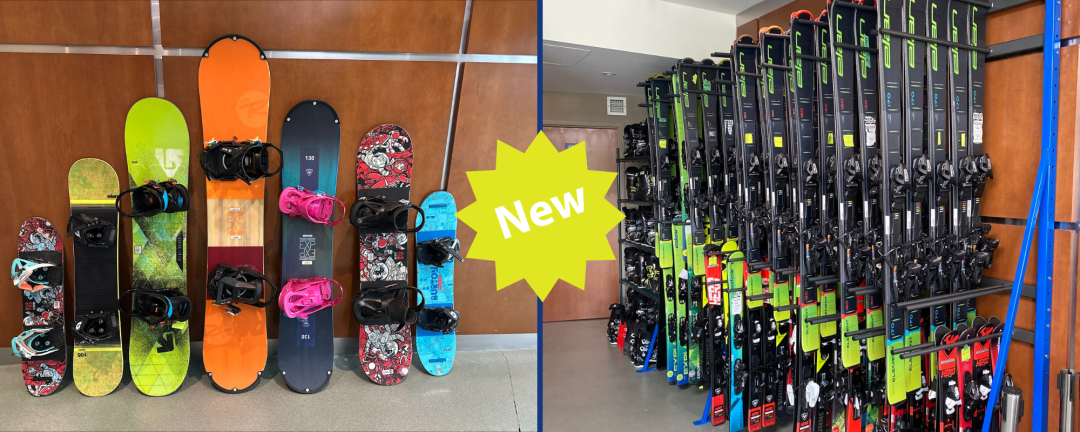 Left: Snowboards lined up against a wall Right: skis in a rack and the word New