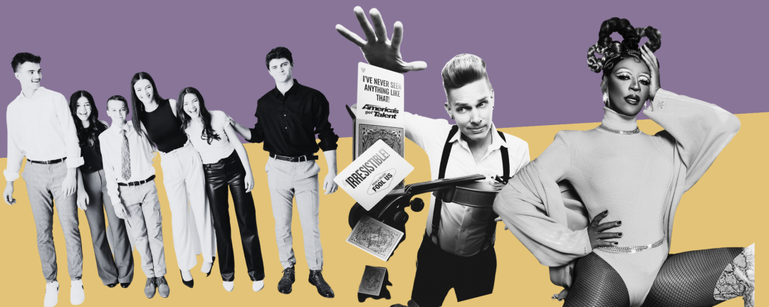 separate performers in black and white on coloured background