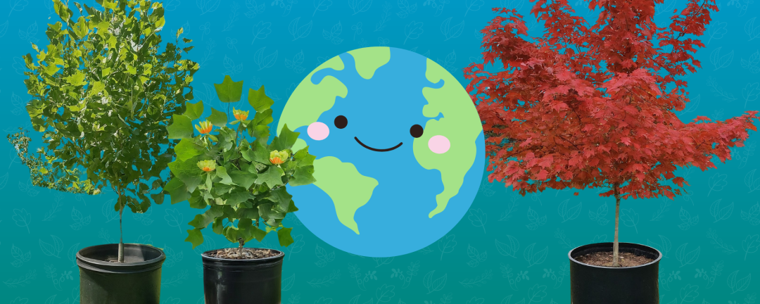 cartoon graphic of trees and earth for Earth Day tree giveaway