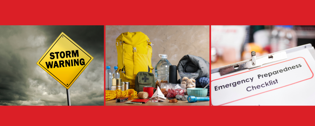 three photos side by side of a storm warning sign, an emergency kit and a clipboard with emergency checklist