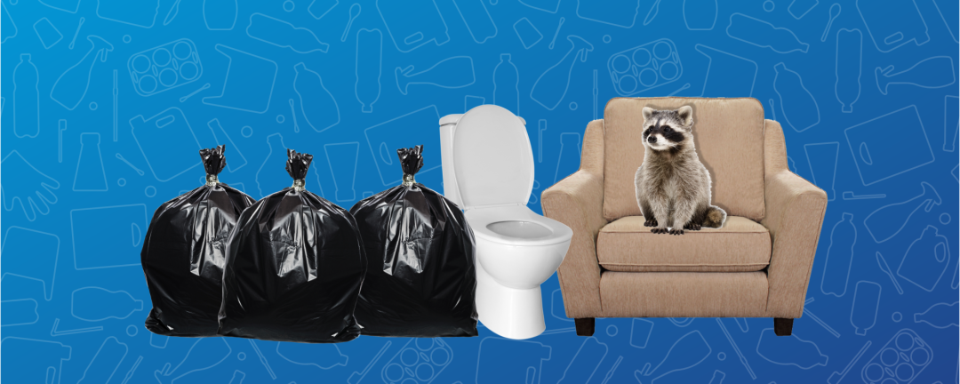 three green garbage bags, a toilet and a racoon sitting on a chair