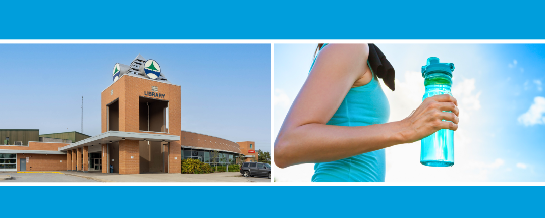 two images, left the outside of the Ice Palace and right woman standing with water bottle in hand