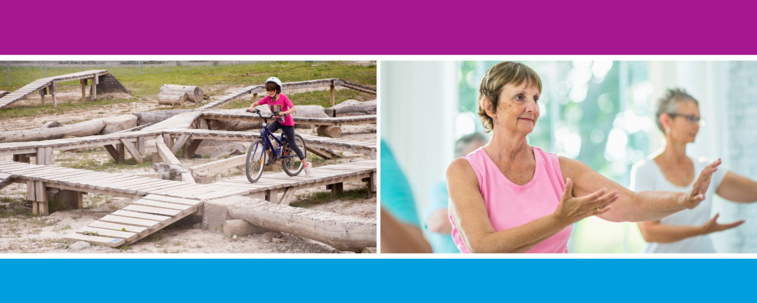 two photos side by side, young boy on bike on trail and two senior women exercising