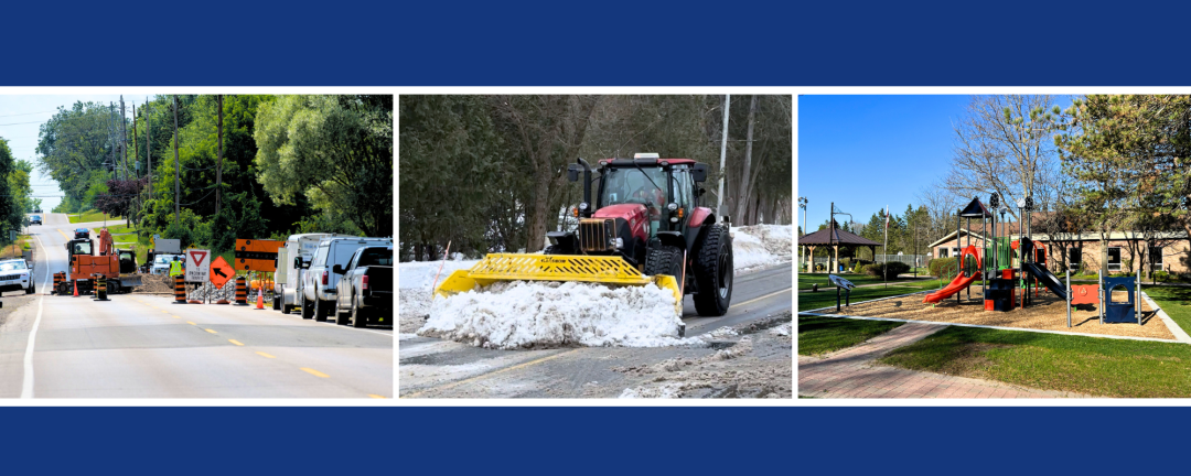 three images of services rendered by the town, construction, snow removal and a playground