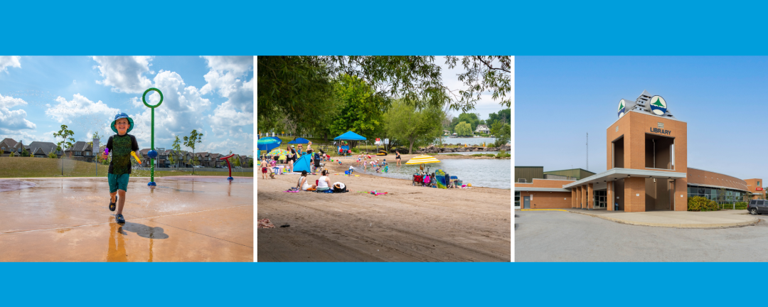three images, left child in a hat and swimwear playing at a splash pad, centre - beach at the lake, right, exterior of the Georgina Ice Palace, a brown building