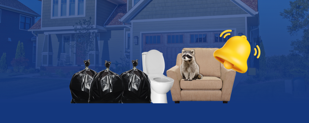 three garbage bags beside a toilet and a chair with a raccoon sitting on it