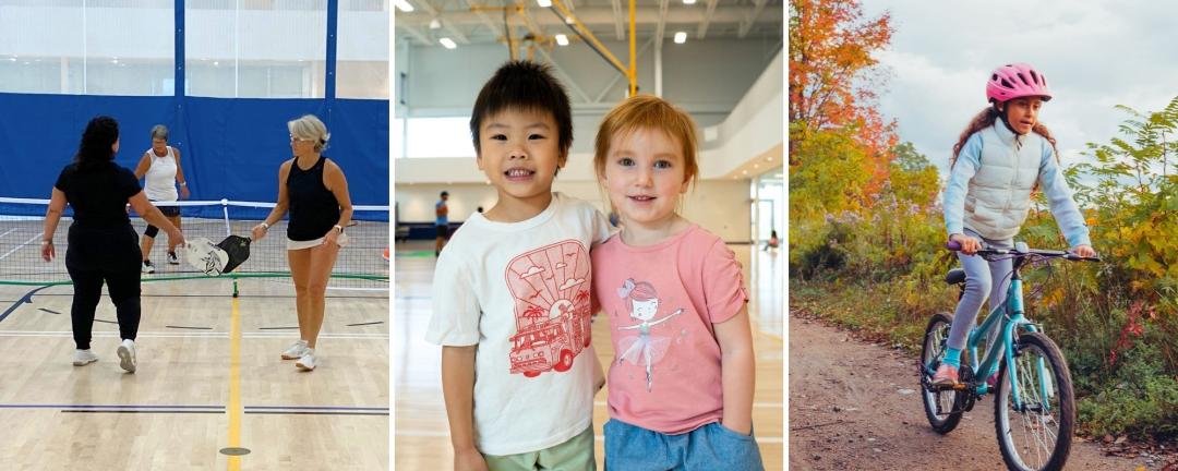 three photos left two people playing pickleball, middle two children in a gym looking at the camera, right girl on a bike outside in the fall 