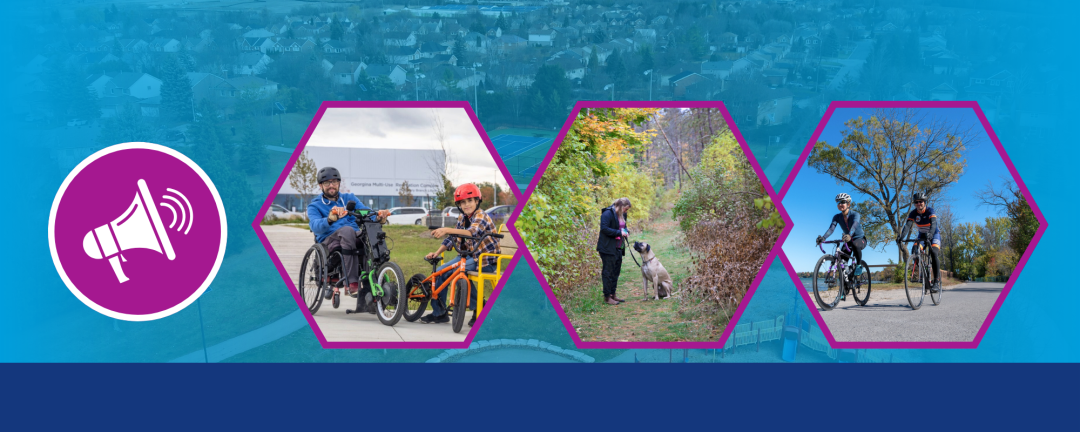 three photos, side by side, disabled man sitting on bike, woman and dog on trail, two cyclists
