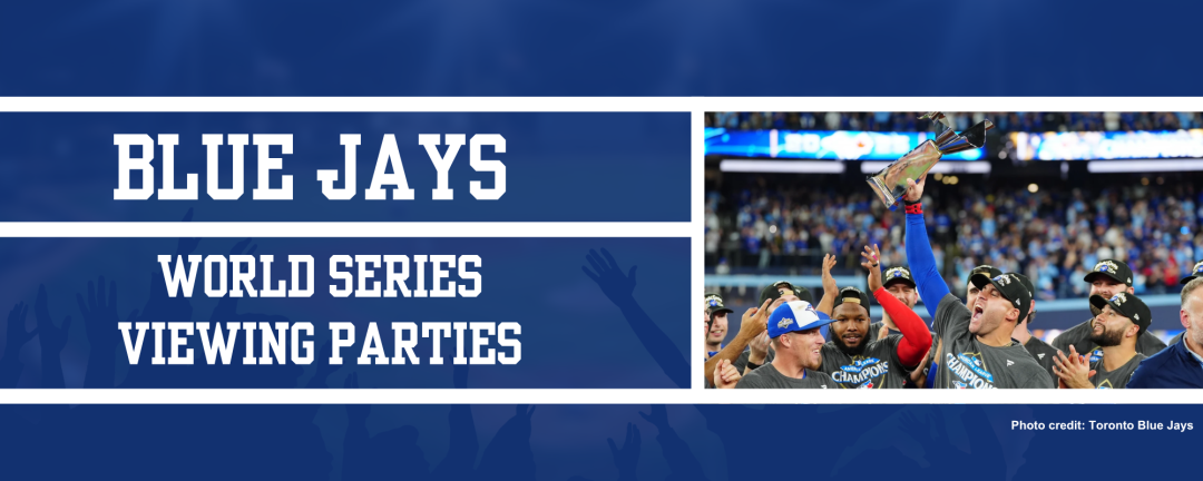 Blue Jays World Series Viewing Parties with image of the team holding a trophy