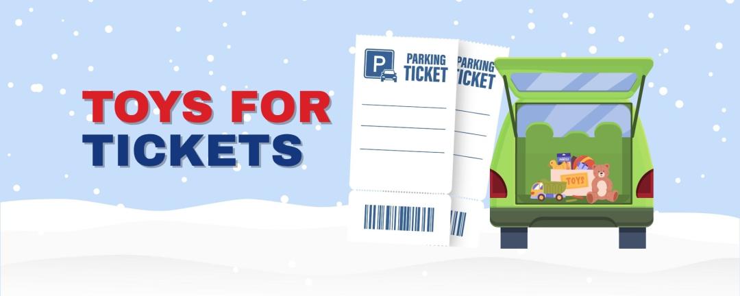 Toys for tickets, graphic image of a parking ticket and a vehicle