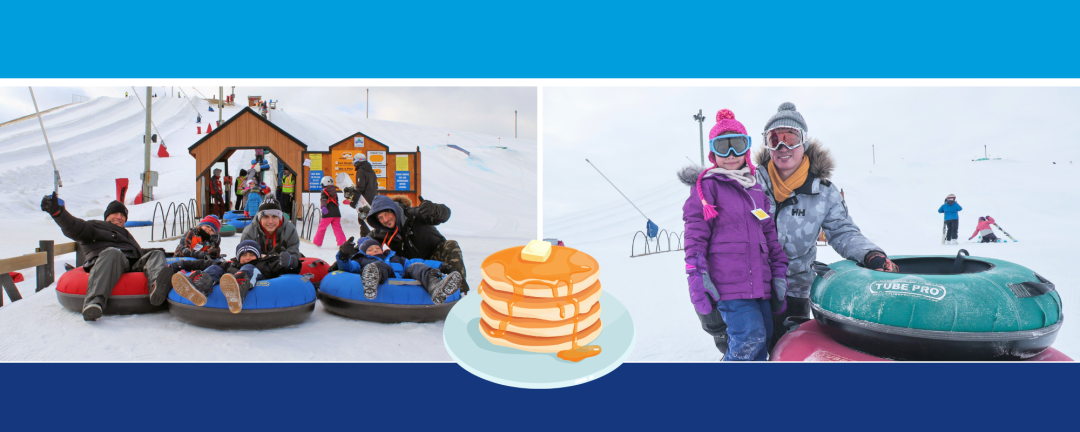 two images of people using snow tubes 