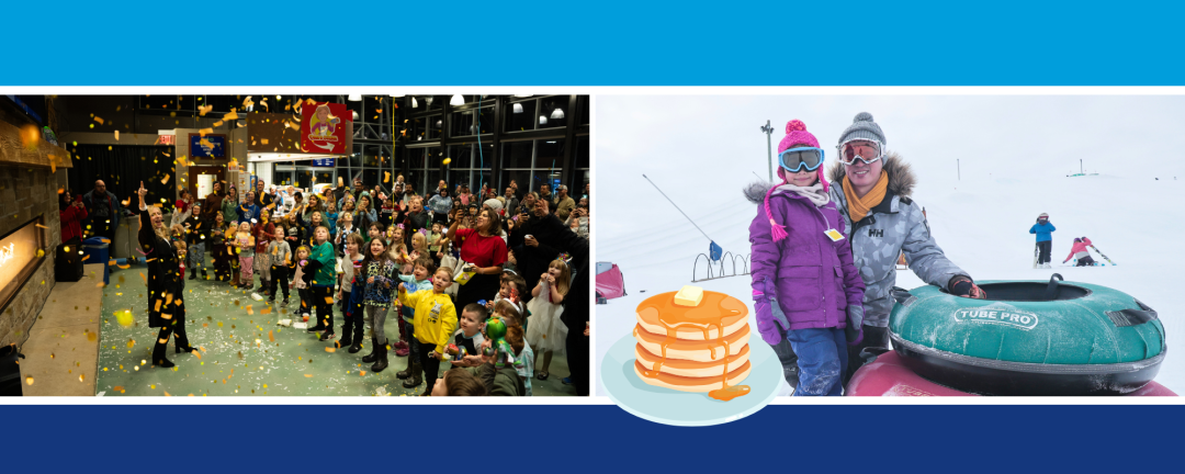 side by side left large group celebrating new years eve with lots of children right a parent and child next to snow tubes