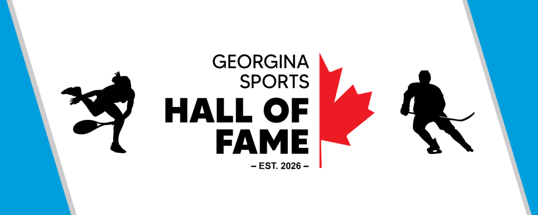 Graphic banner for the Georgina Sports Hall of Fame featuring the text “Georgina Sports Hall of Fame – Est. 2026,” a red maple leaf, and silhouettes of athletes playing tennis and hockey.