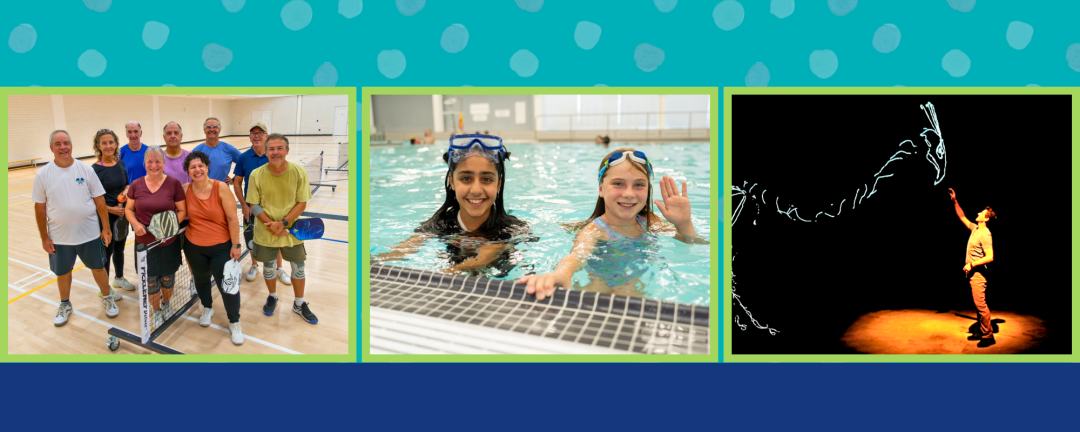 three photos side by side, pickleball players, kids in the pool, Dino Light 