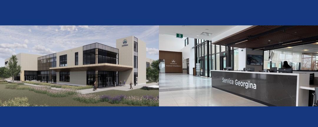 rendering of replacement civic centre and photo of Service Georgina counter