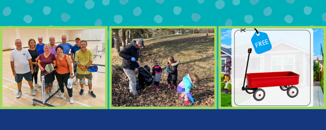 three photos side by side, pickleball players, kids cleaning up a park, curbside giveaway
