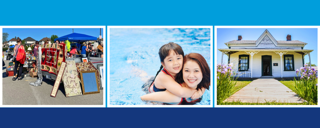 three photos, swap and sell, mother and child swimming and building at Georgina Village Museum