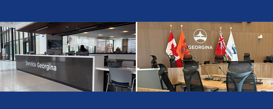 side by side - left Service counter right - inside Council Chambers with flags and the logo on the wall