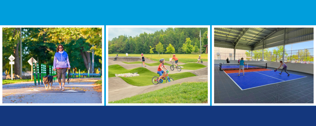 Three photos, side by side, people walking on a path, kids riding bikes at the pump track and people playing pickleball